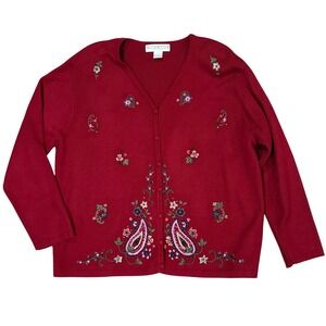 VTG Dress Barn Woman Red Floral Paisley Embroidered Cardigan Sweater V-Neck 1X